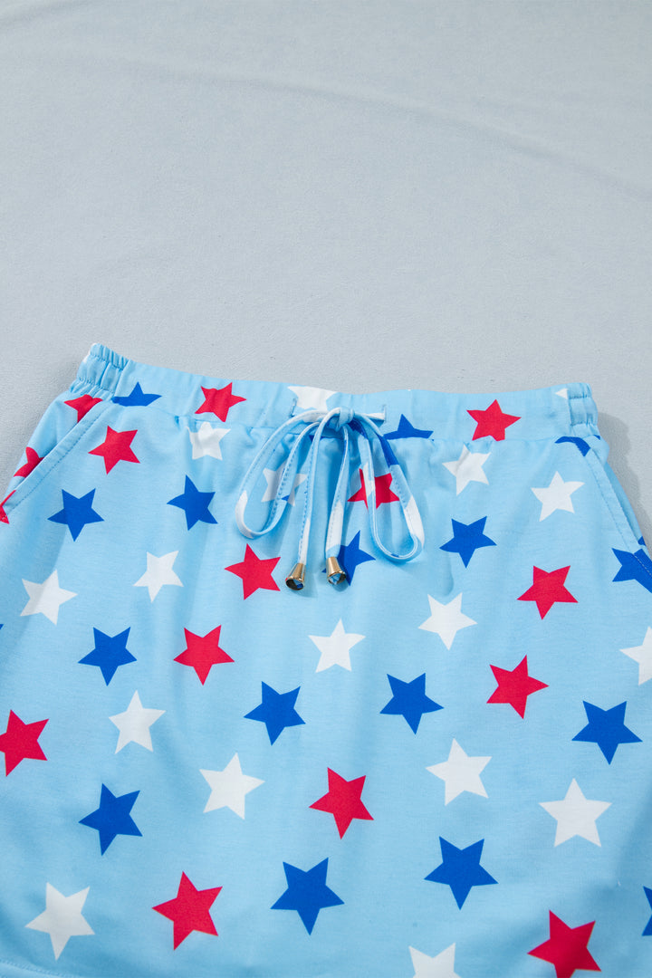 Sky Blue Patriotic Star Printed Beaded Drawstring Mini Skort