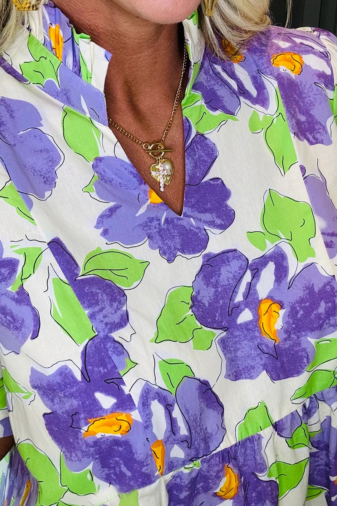 Purple Floral V Collar Short Sleeve Tiered Ruffle Mini Dress