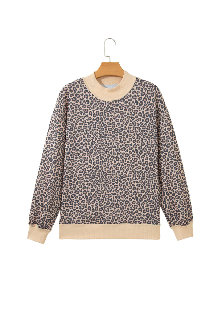 Multicolour Leopard Print High Neck Long Sleeve Ribbed Cuffs Hem Sweatshirt