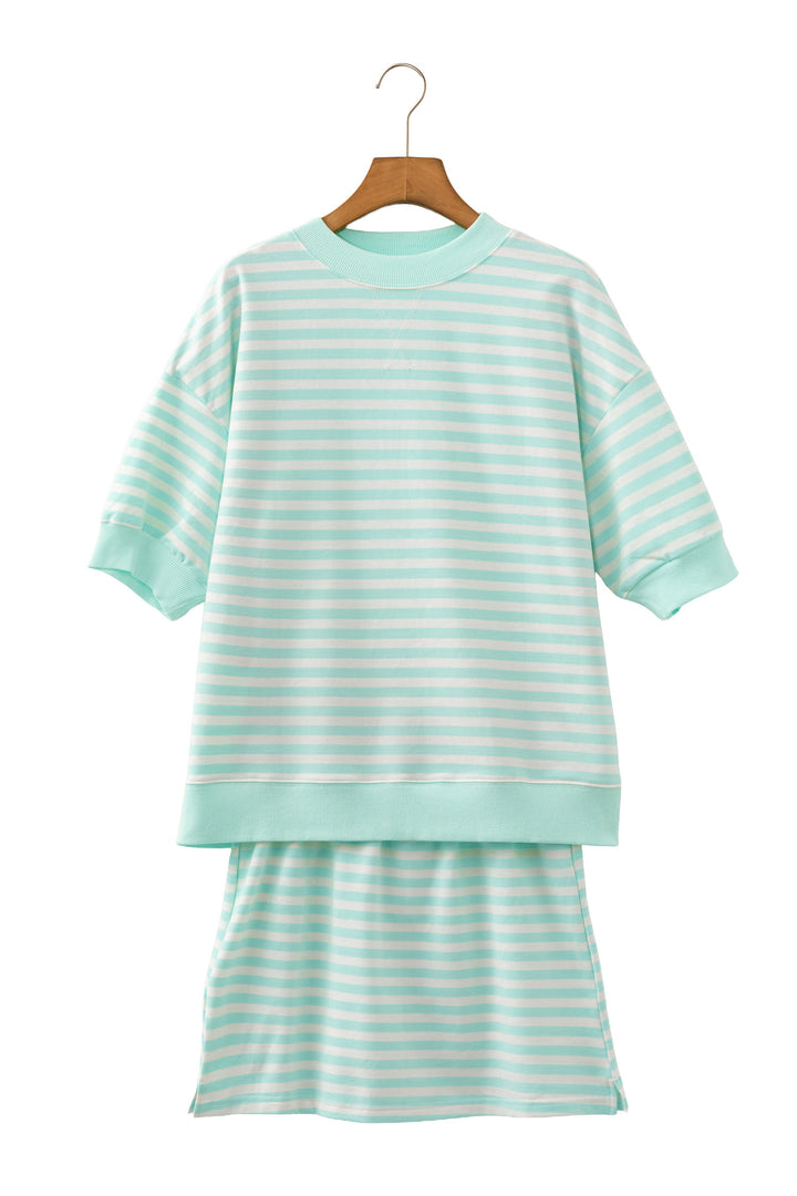 Green Stripe Ribbed Color Block Trim Half Sleeve Top Mini Skort 2pcs Outfit