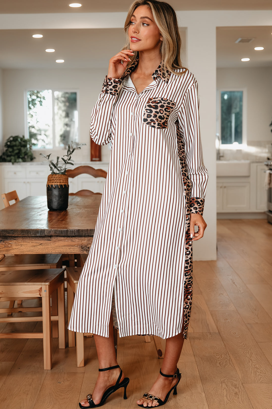 Contrast Leopard Patchwork Long Shirt Dress with Slits