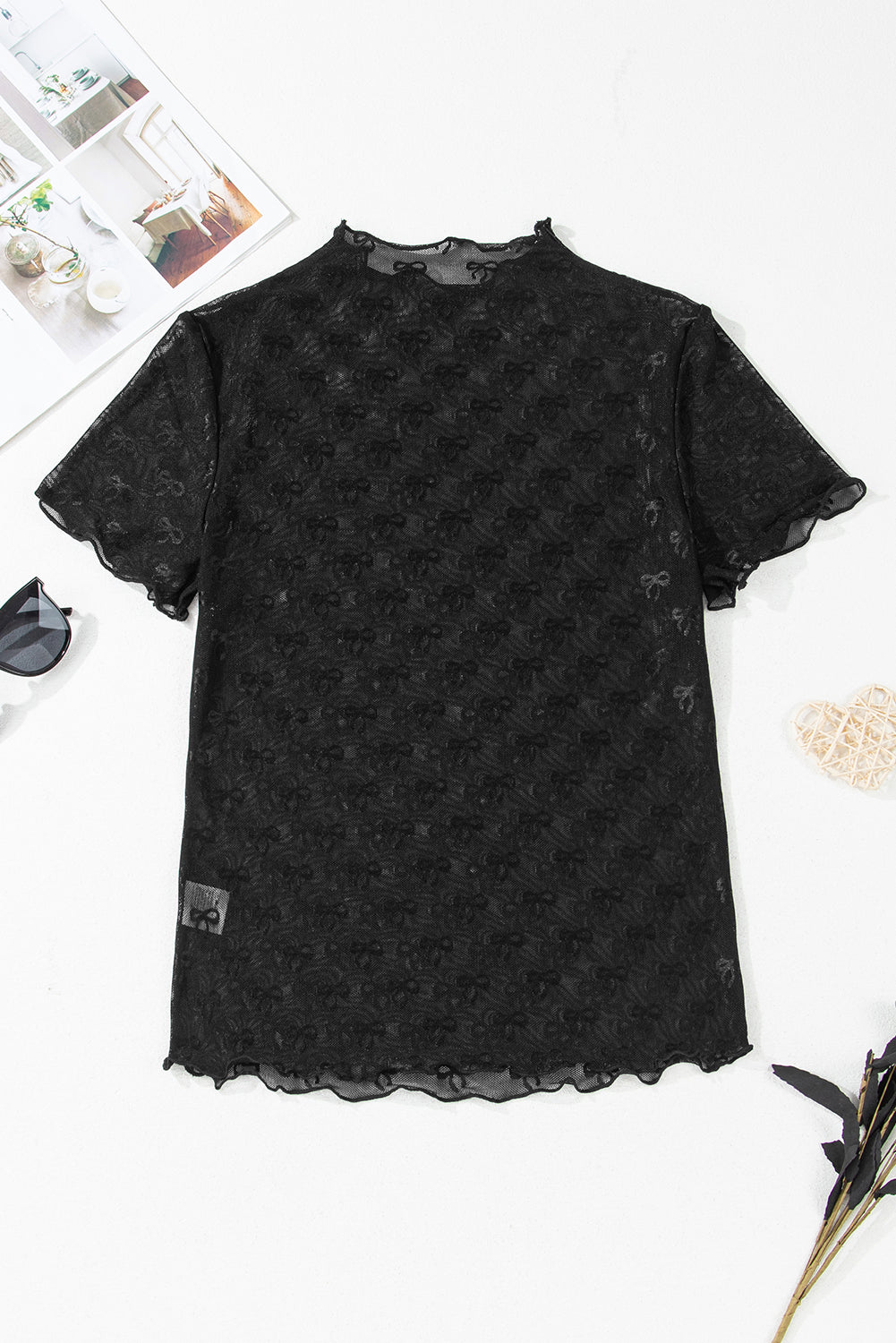 Bowknot Sheer Mesh Mock Neck Lettuce Trim Short Sleeve Top