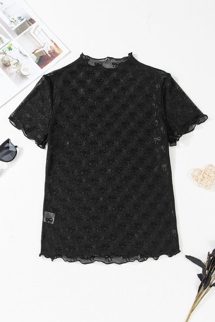Bowknot Sheer Mesh Mock Neck Lettuce Trim Short Sleeve Top