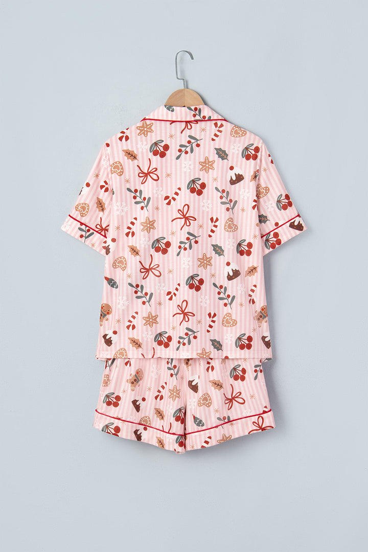 Pink Abstract Christmas Print Short Sleeve Two Piece Lounge Set