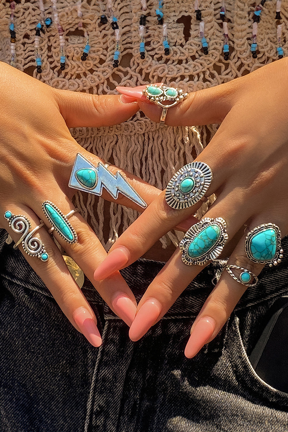 8-teiliges Western-Ringset mit Türkiseinlage