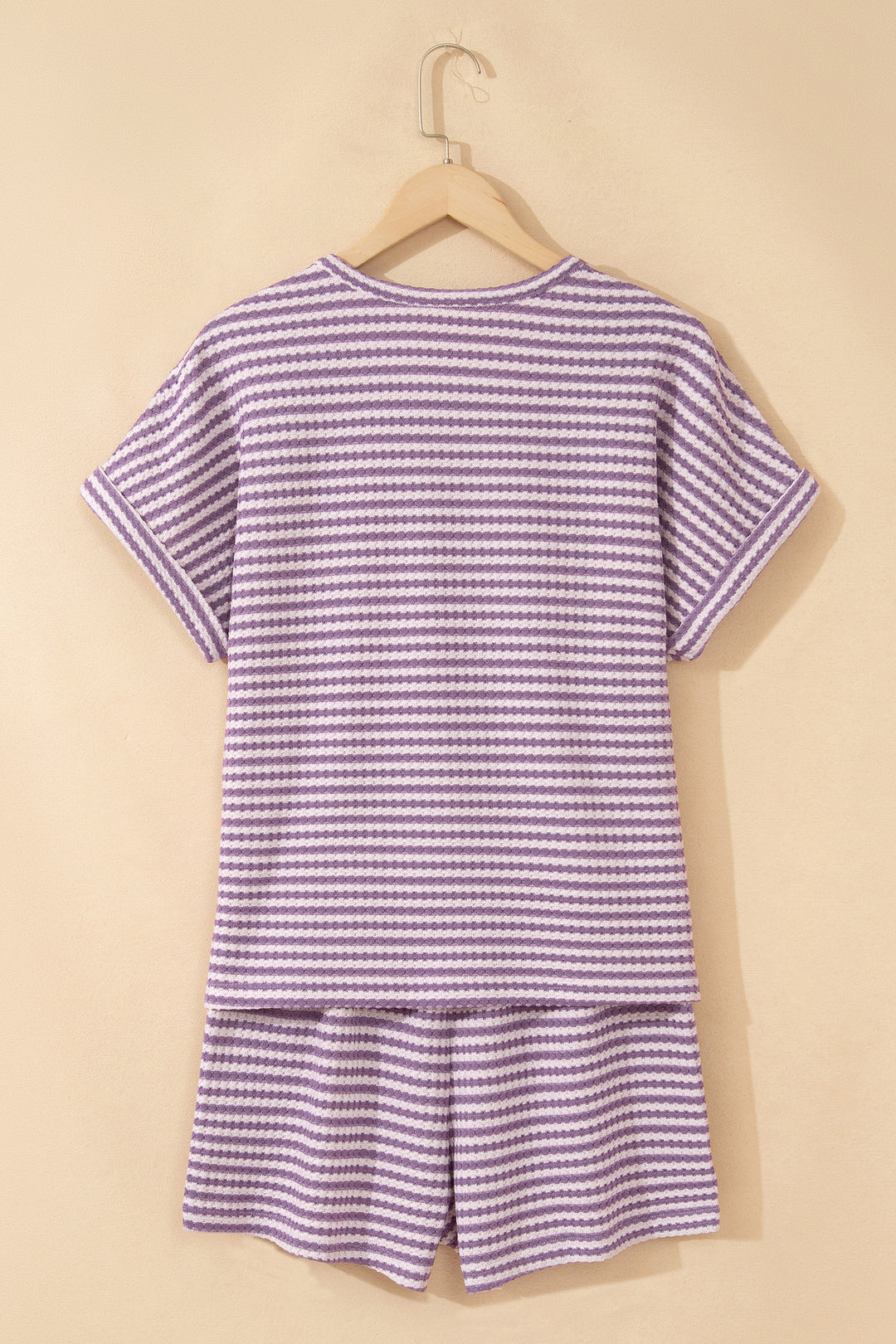 Purple Stripe Breathable Textured Knit Short 2pcs Set