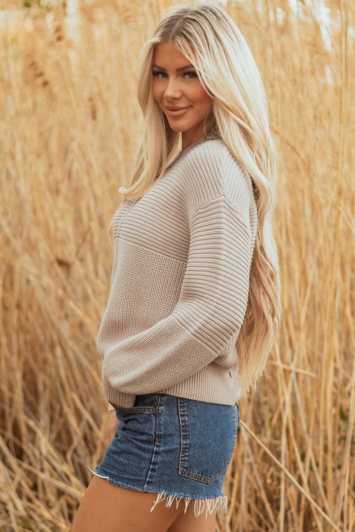 Mixed Texture Patchwork Knitted Puff Sleeve Sweater