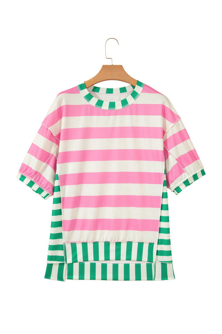 Pink Stripe Exposed Seam Contrast Patchwork Oversized Top