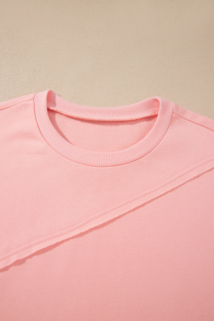 Pink Colorblock Striped Patchwork Raw Detail Long Sleeve Top