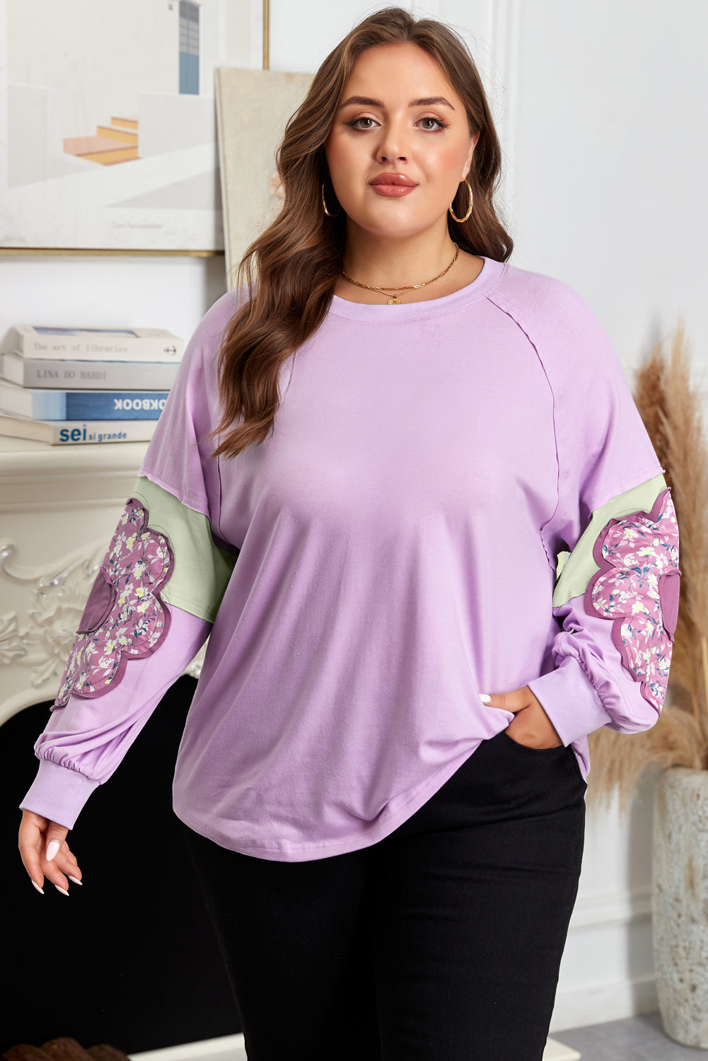 Phalaenopsis Flower Patch Colorblock Plus Size Pullover Top
