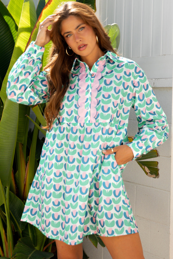 Floral Print Notched Neck Scalloped Detail Long Sleeve Mini Dress