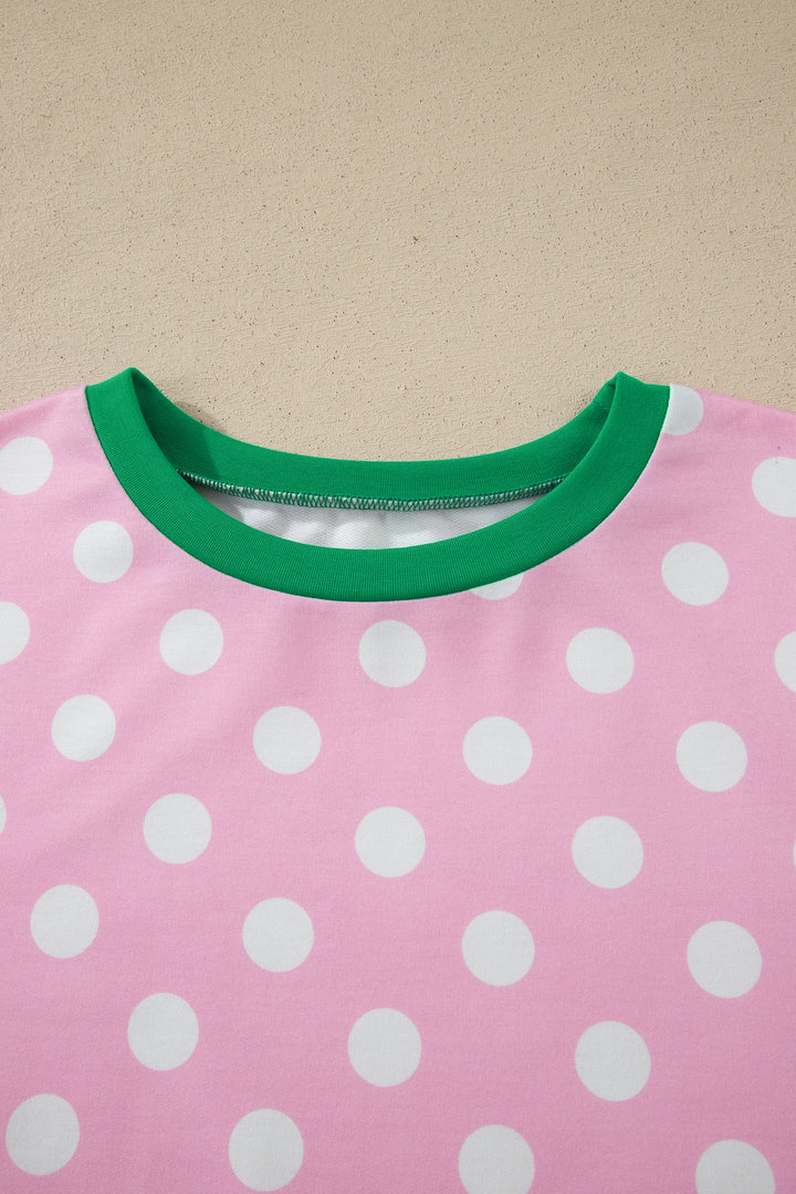 Pink Polka Dot Contrast Edge Casual Short Set