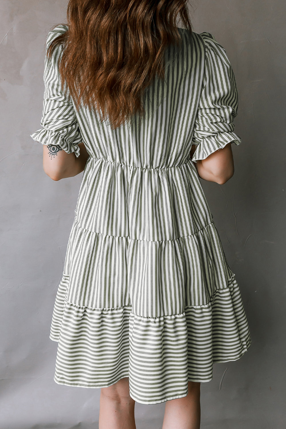 Tasseled Tie Neck Ruffled Short Sleeve Tiered Flattering Dress
