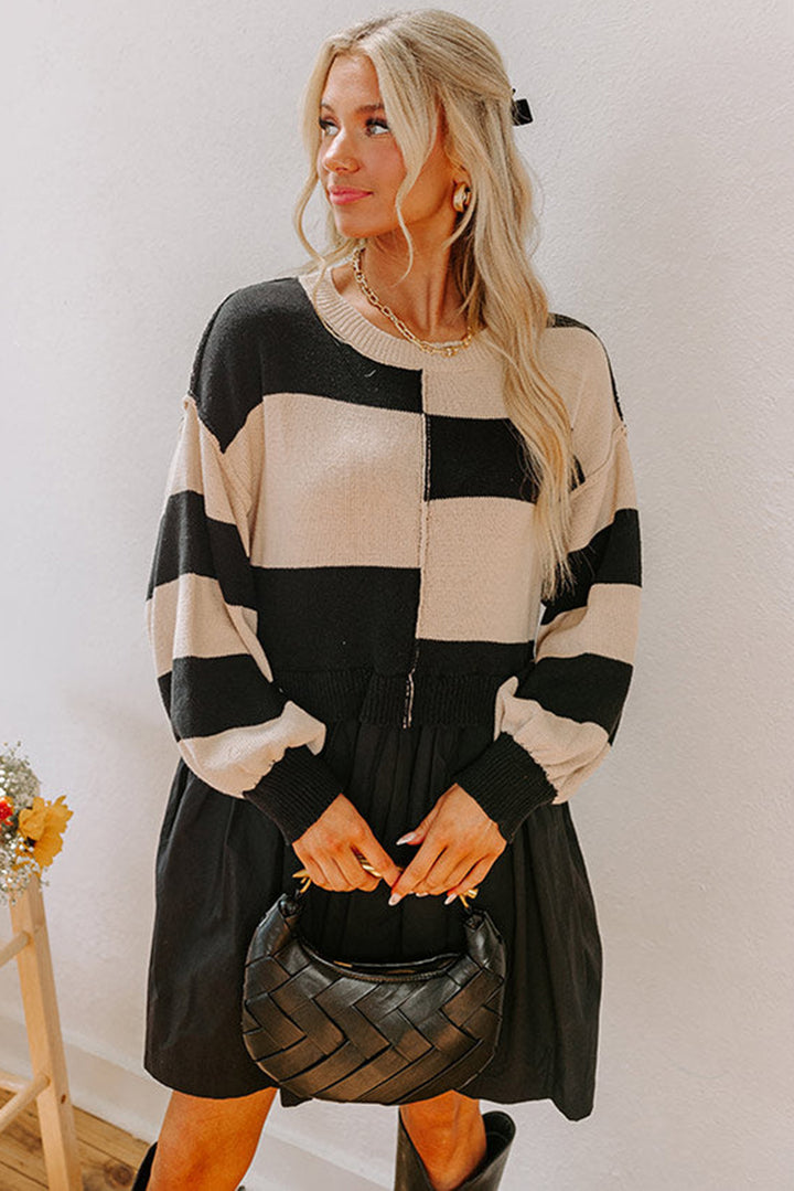 Black Stripe Two in One Knitted Top Splicing Hem Sweater Dress