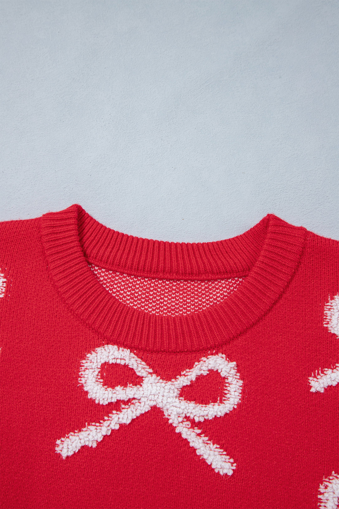 Fiery Red All Over Bow Dropped Shoulder Round Neck Shift Sweater