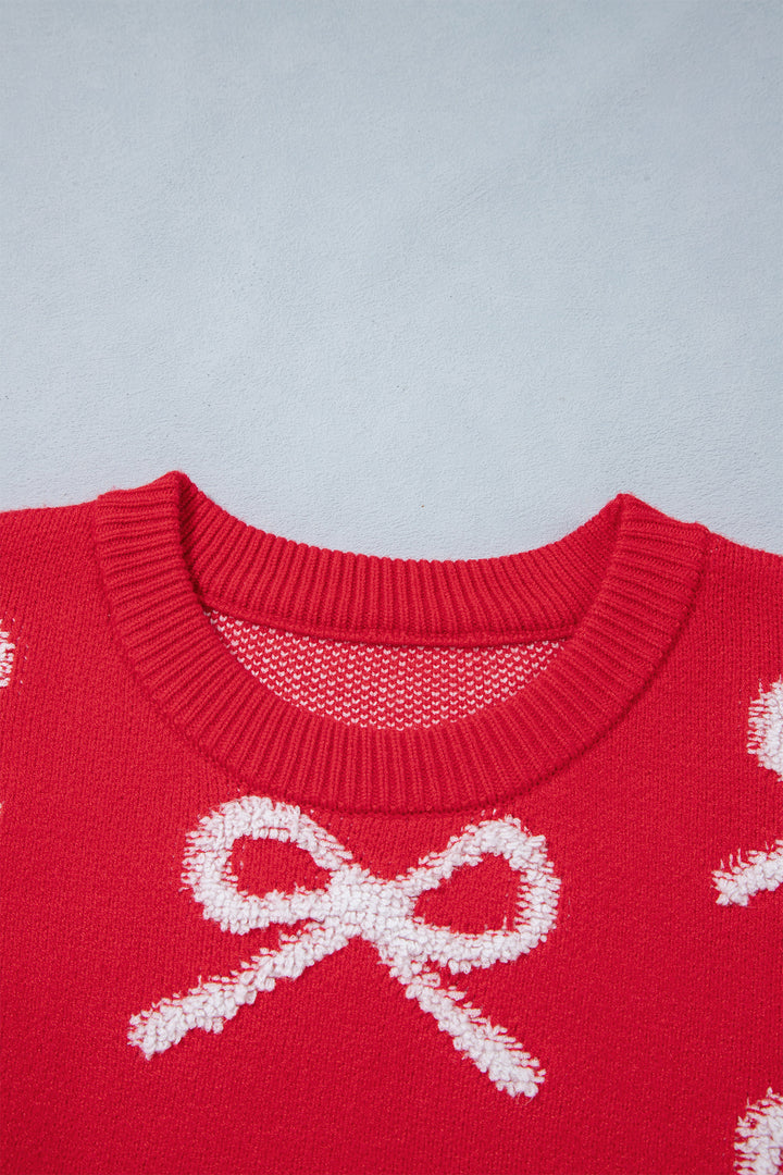 Fiery Red All Over Bow Dropped Shoulder Round Neck Shift Sweater