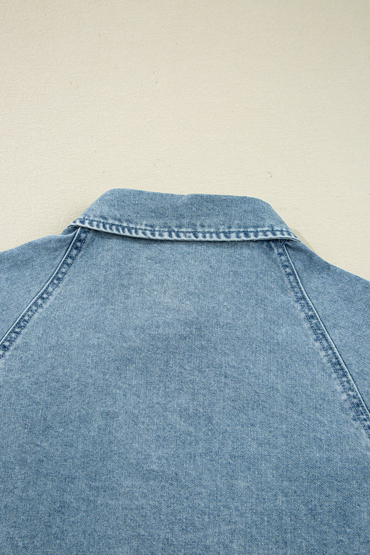 Smocked Cuffs Flared Denim Shirt Mini Dress