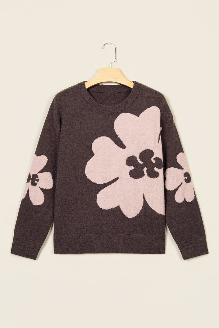 Chicory Coffee Cozy Floral Print Round Neck Dropped Shoulder Casual Sweater
