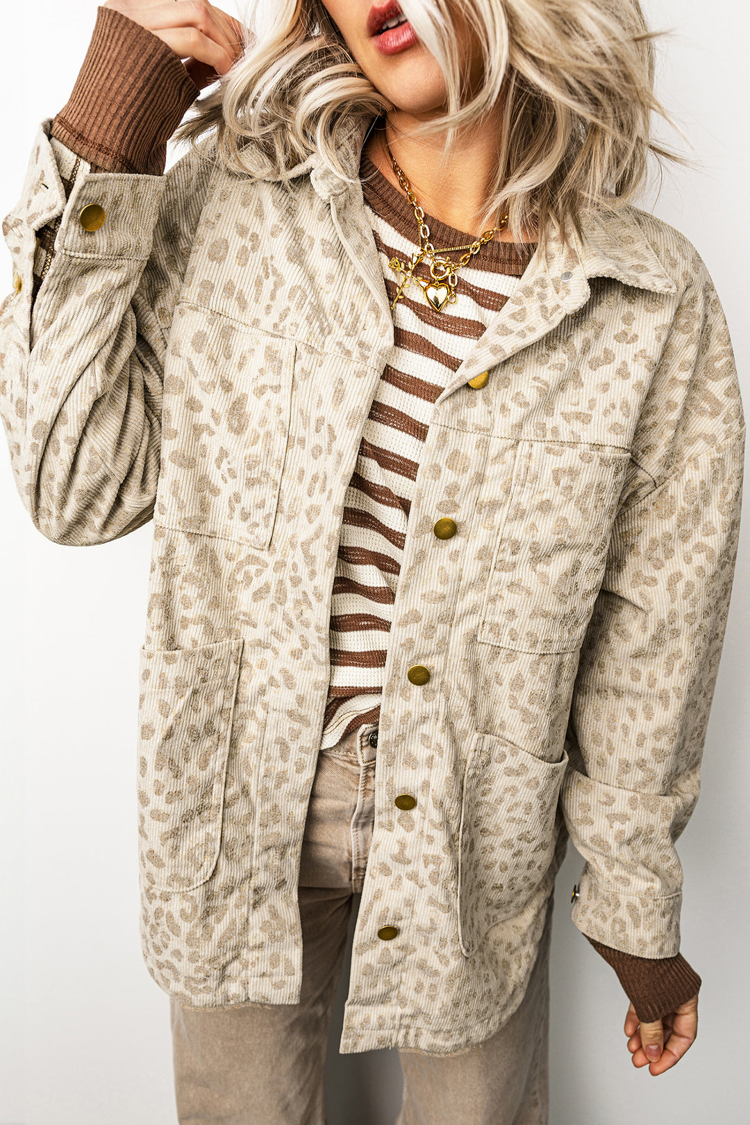 Khaki Leopard Print Corduroy Shirt Collar Long Sleeve Regular Fit Jacket