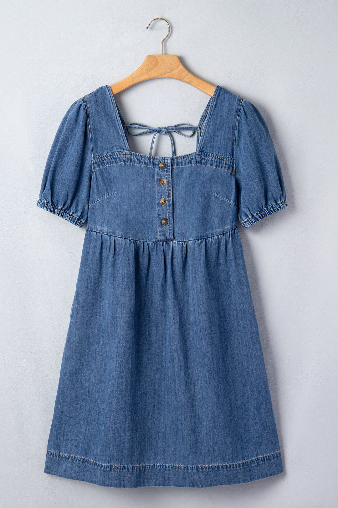 Blue Button Square Neck Short Puff Sleeve Denim Mini Dress