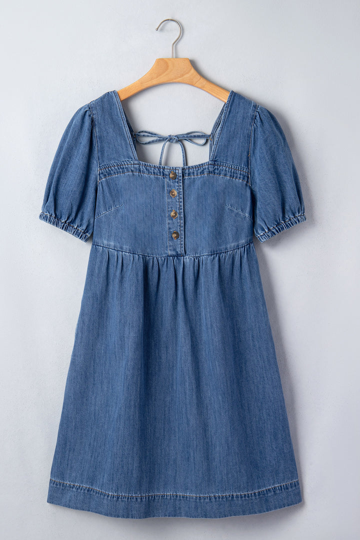 Blue Button Square Neck Short Puff Sleeve Denim Mini Dress