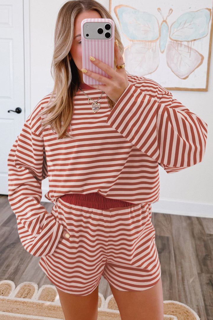 Brown Stripe Relaxed Long Sleeve Top Contrast Elastic Waistband Short Set