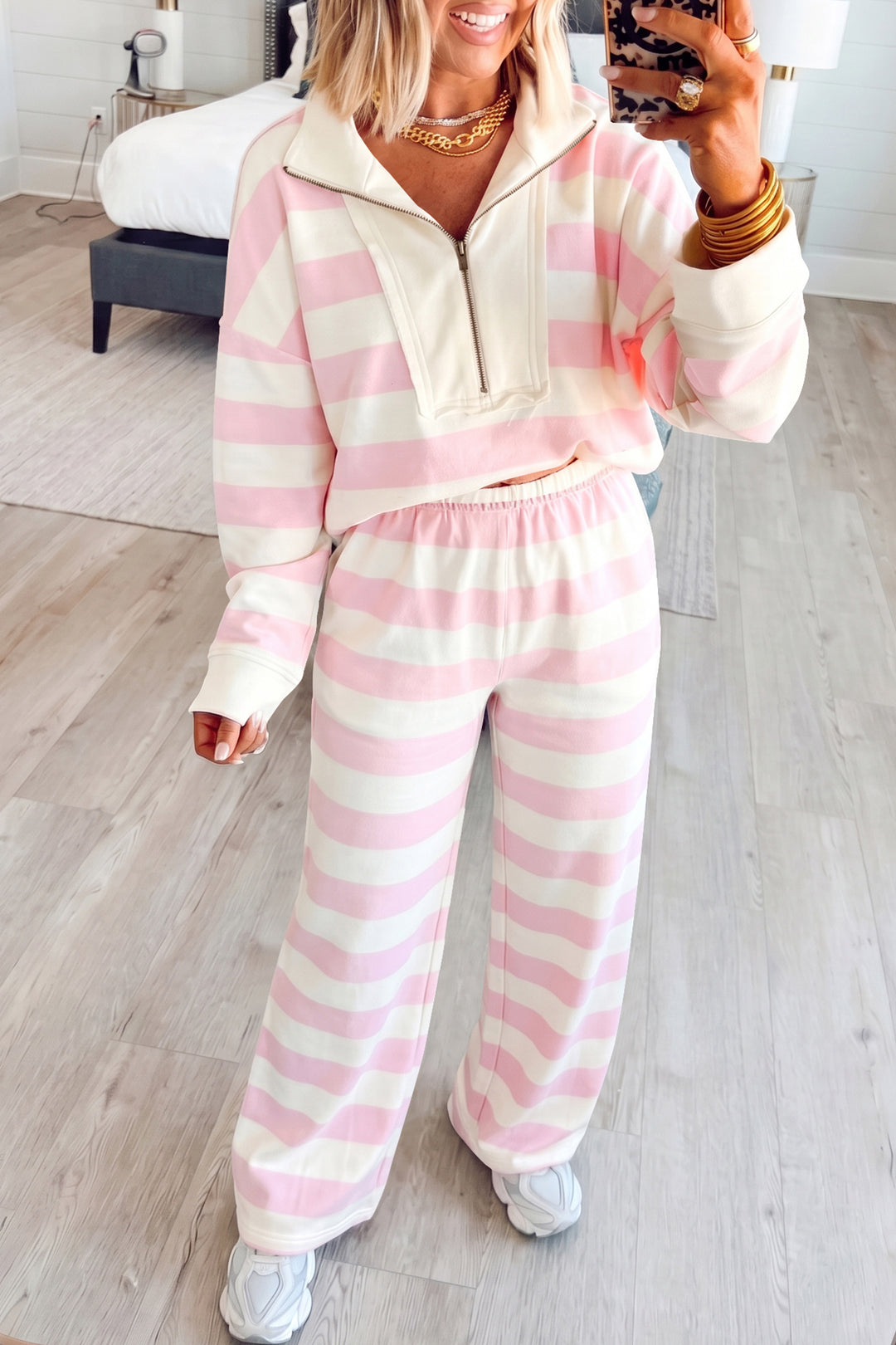 Pink Stripe Patchwork Zip Long Sleeve Top Elastic Waist Pants Set
