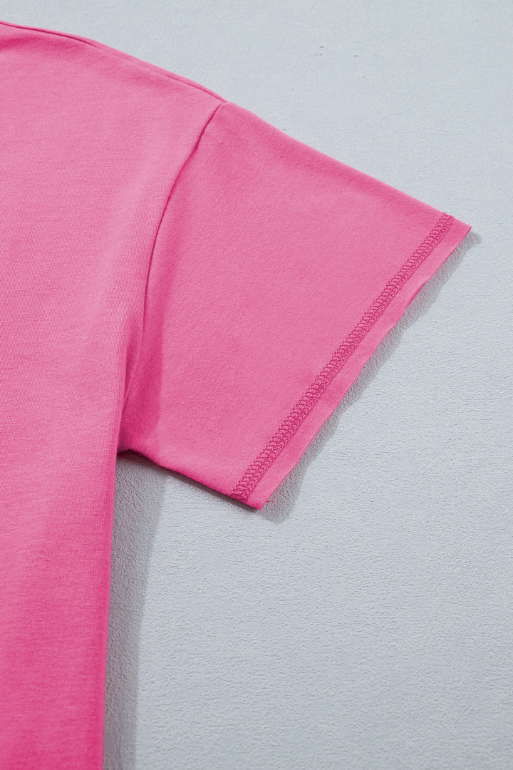 Bright Pink Seam Detail Raw Edge Tee Rainbow Waistband Casual Short Set