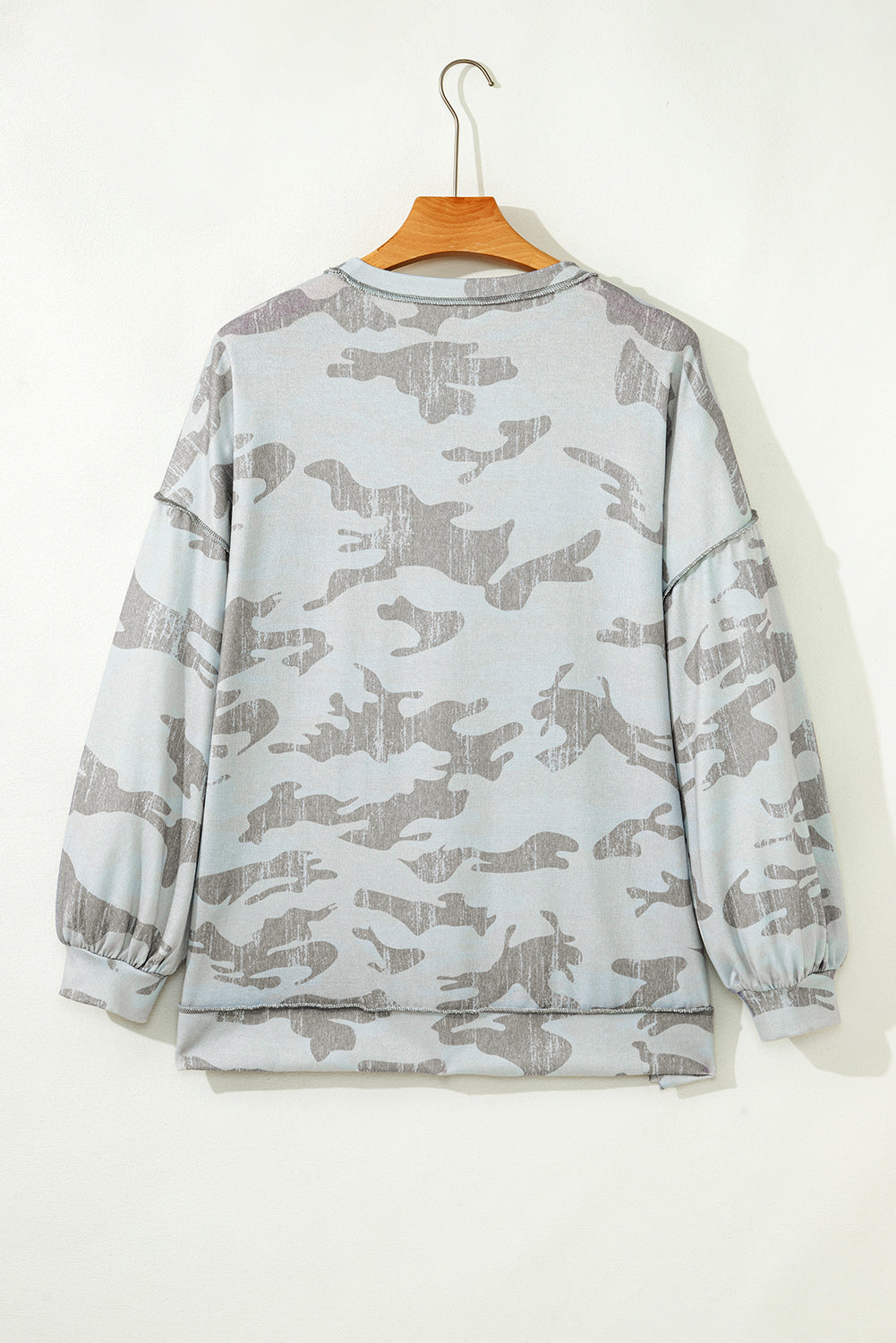 Retro Camouflage Print Exposed Seam Patchwork Drop Shoulder Sweatshirt