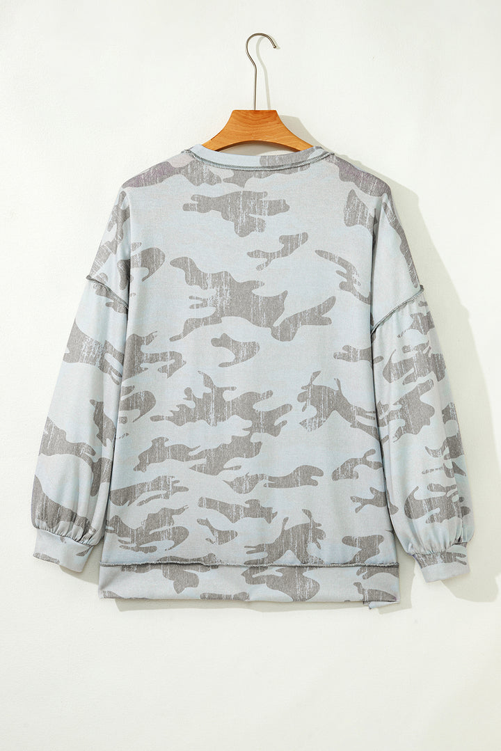 Retro Camouflage Print Exposed Seam Patchwork Drop Shoulder Sweatshirt