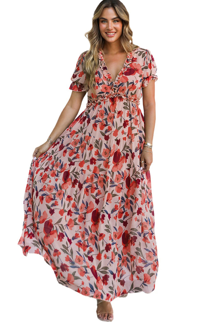 Floral Print Frilled V Neck Short Sleeve Maxi Dress