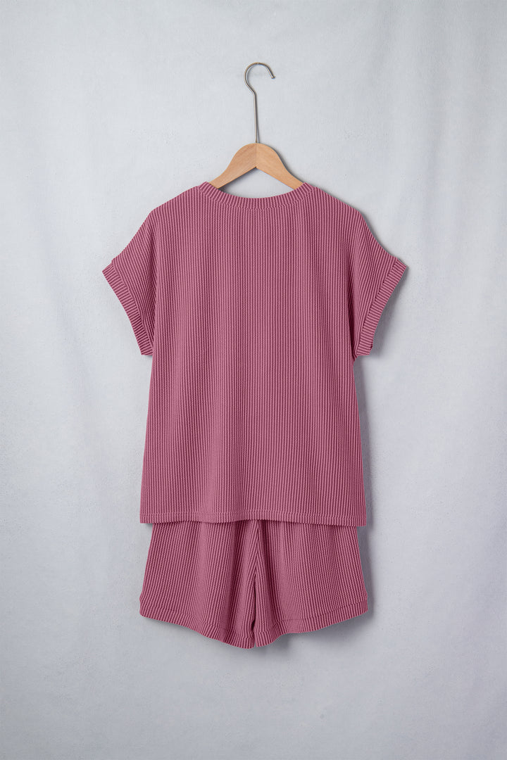 Pitaya Pink Twisted Ribbed Loose Tee Drawstring Elastic Waist 2pcs Short Set
