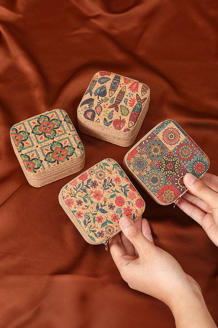 Retro Floral Print Portable Square Jewelry Box