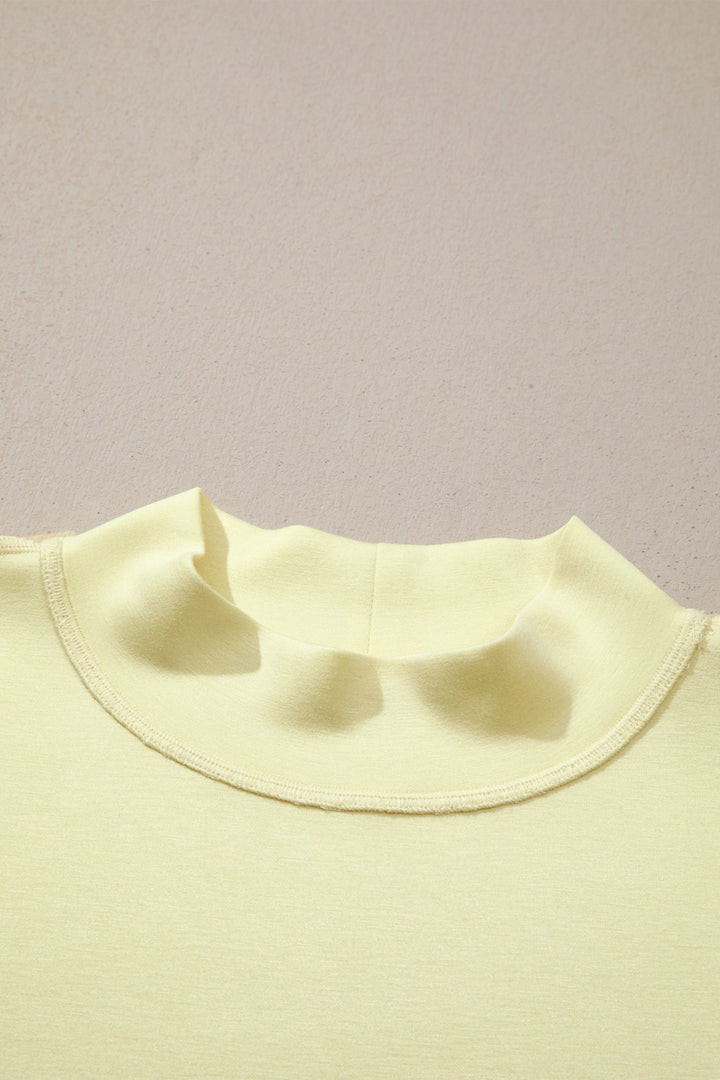Yellow Cream Solid Color Exposed Seam Mock Neck Oversize Tee Casual Shorts 2pcs Outfit