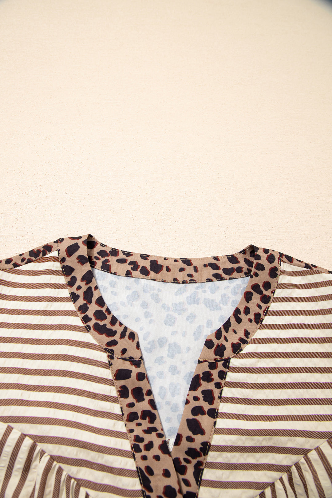 Square Button Leopard Trim Loose Bracelet Sleeve Shirt Dress