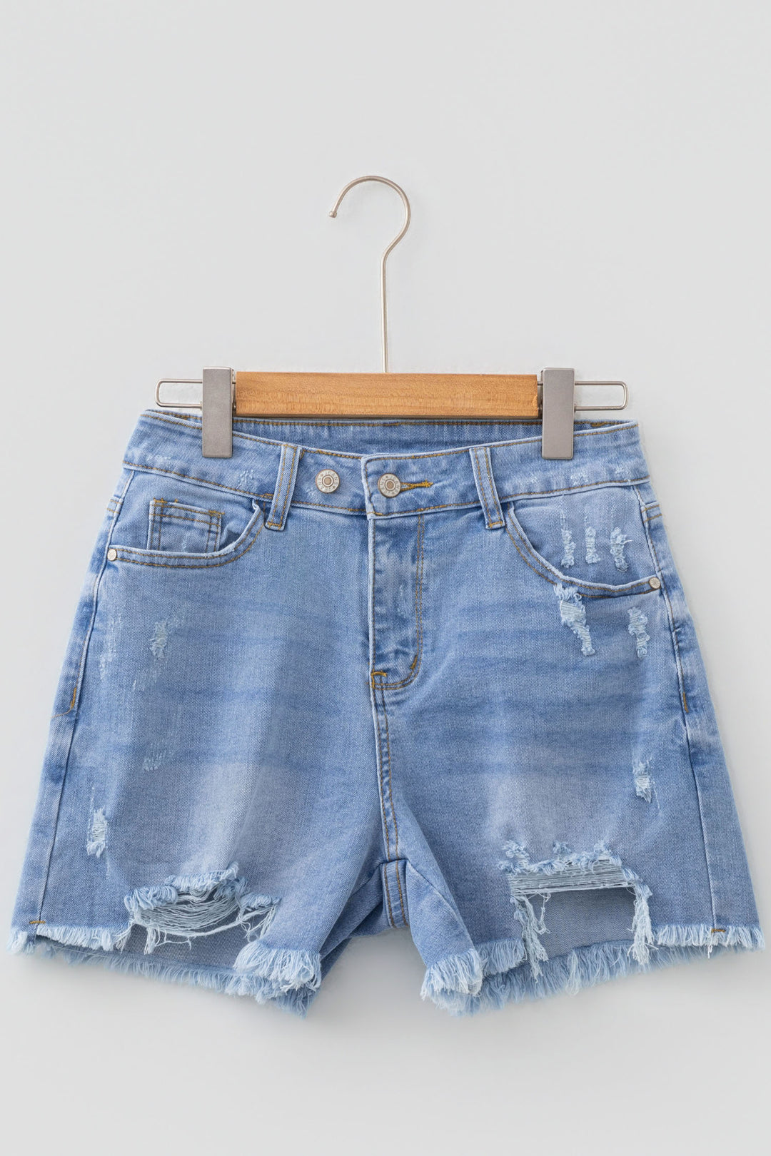Beau Blue Asymmetric Raw Hem Distressed Whiskery Denim Shorts