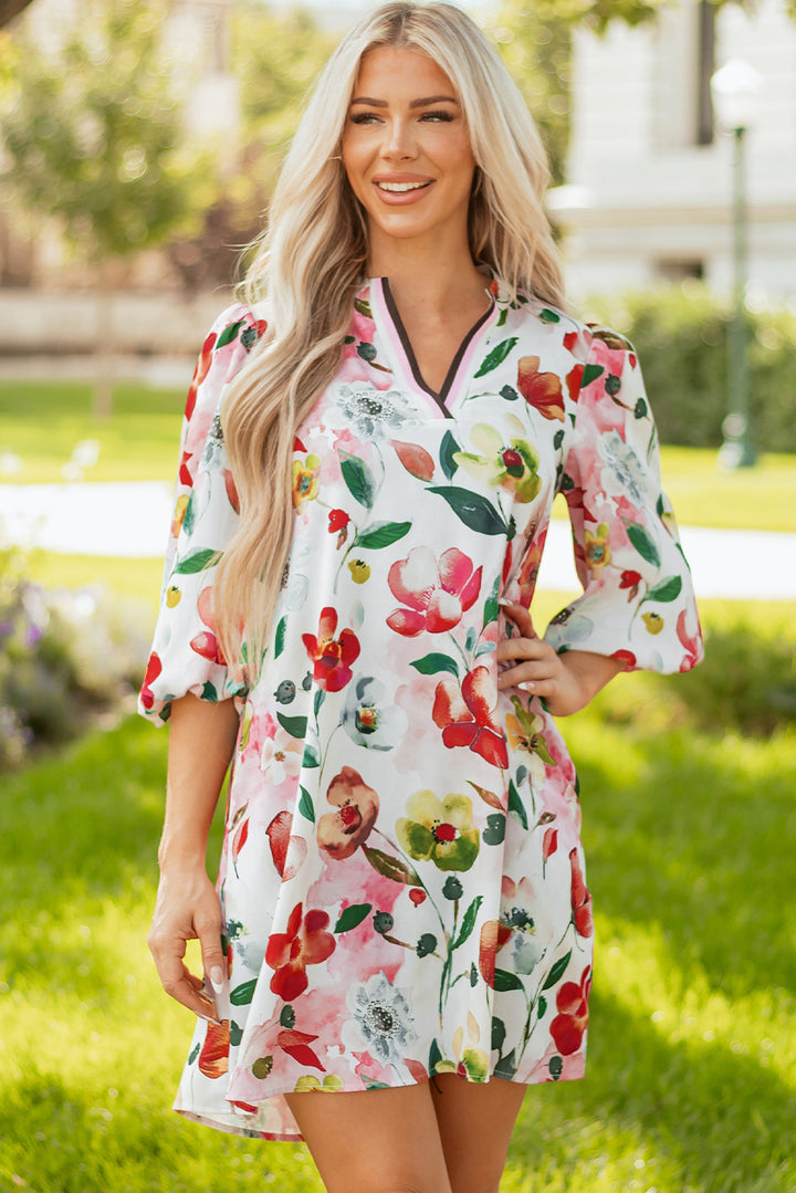 Floral Contrast Striped V Neck Puff Half Sleeve Shift Dress