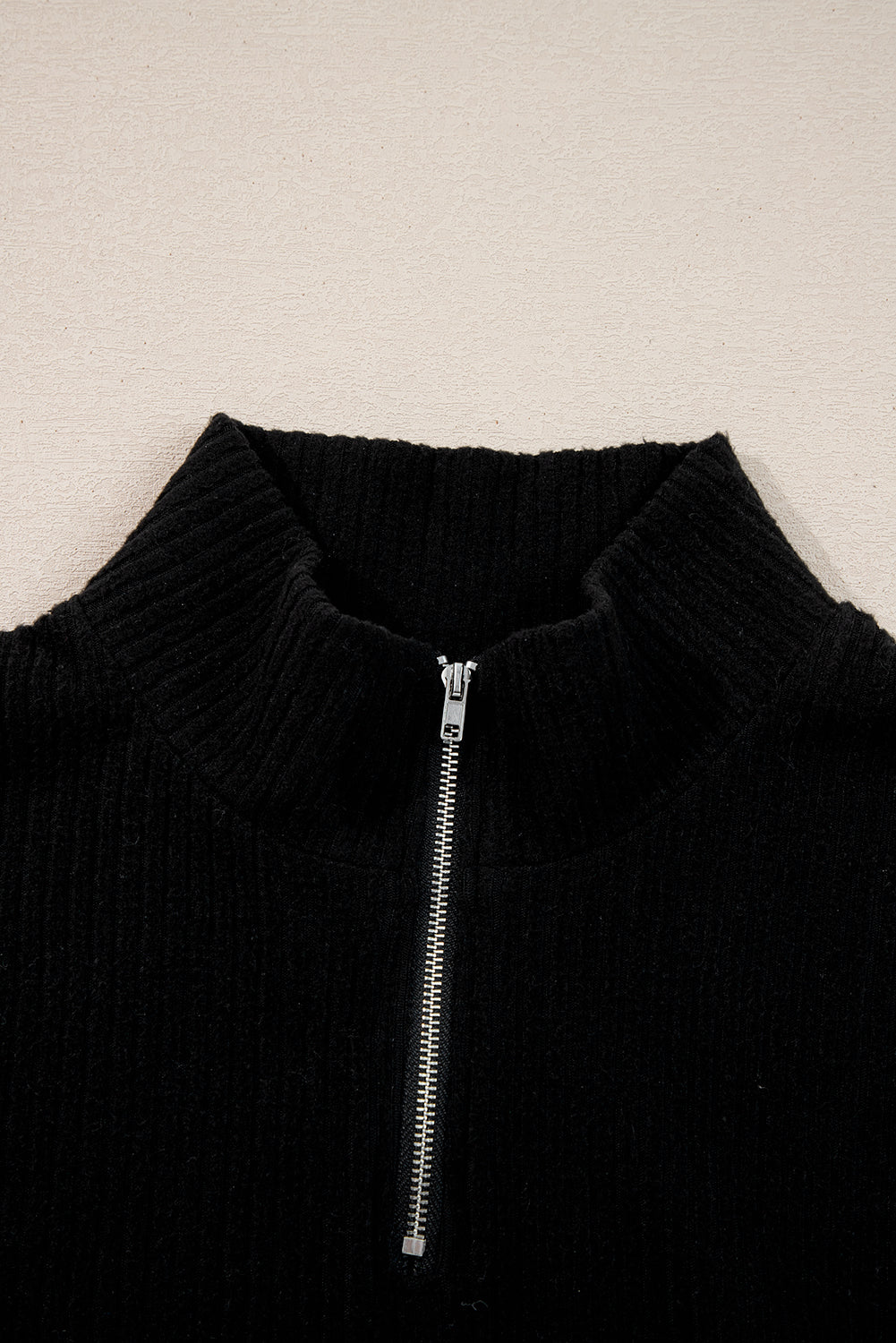 Black Ribbed Zip Stand Neck Pullover Bodycon Skirt 2pcs Set