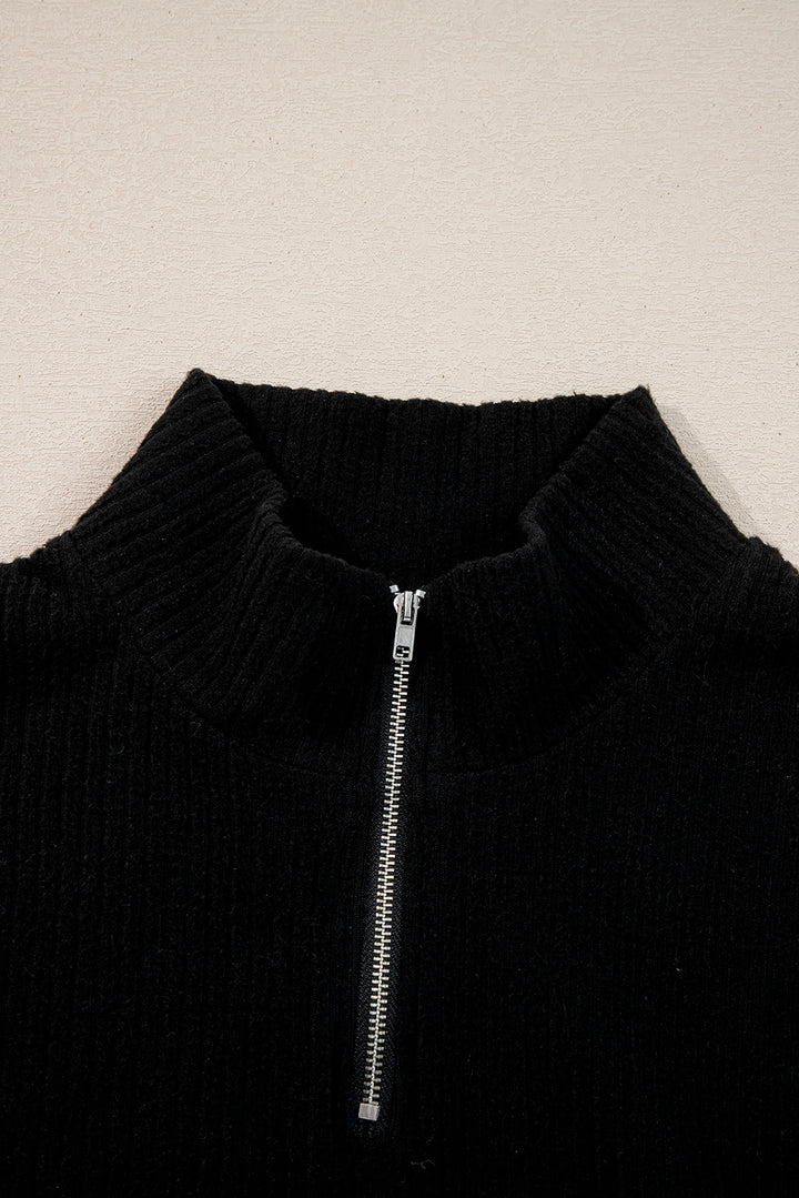 Black Ribbed Zip Stand Neck Pullover Bodycon Skirt 2pcs Set
