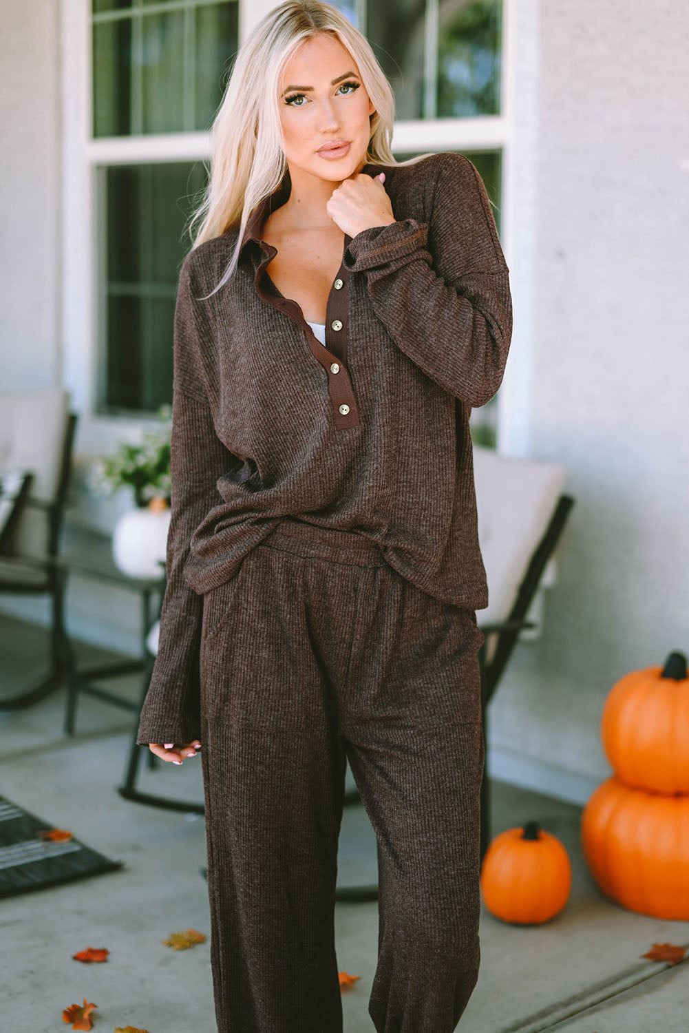 ribbed knit collared henley top and pants lounge outfit
