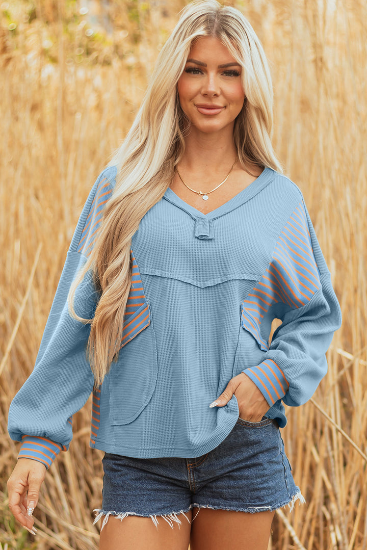 Blue Exposed Seam Waffle Striped Patchwork Baggy Pullover