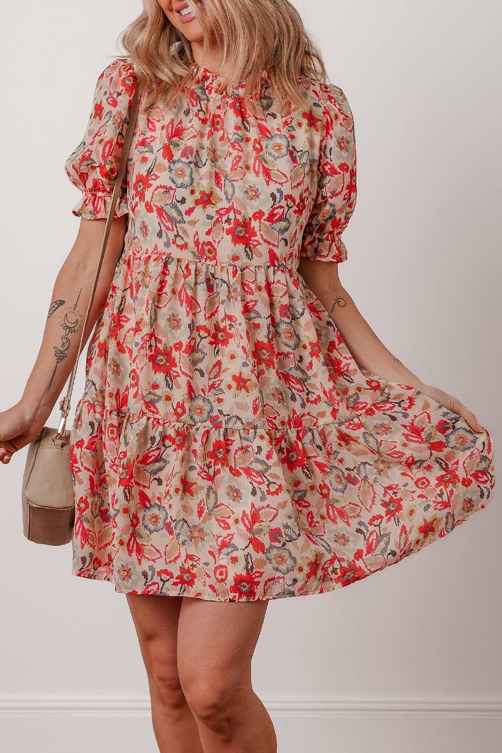floral print frilled neck puff sleeve high waist dress