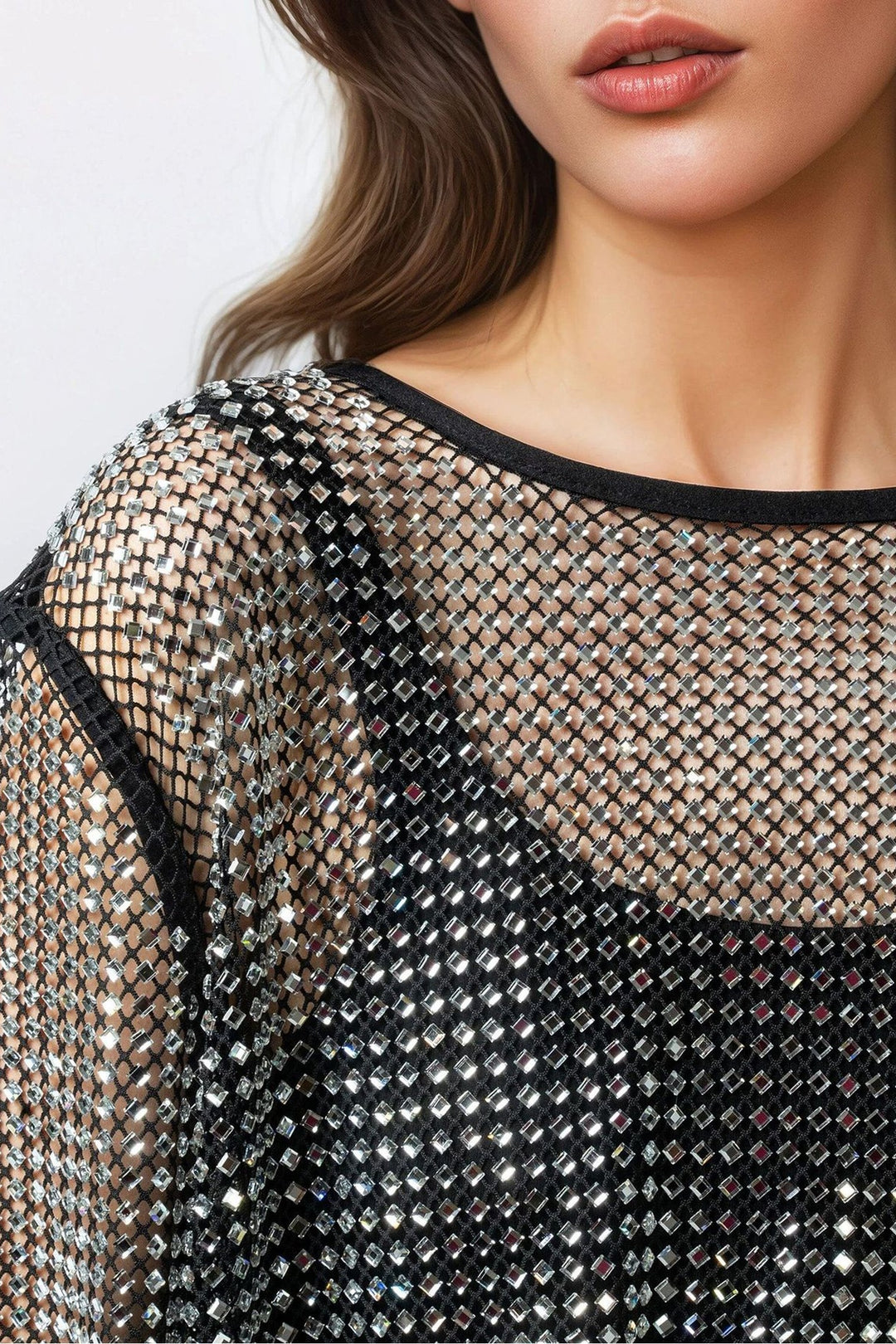 Color black Rhinestone Mesh Round Neck Raw Hem T Shirt