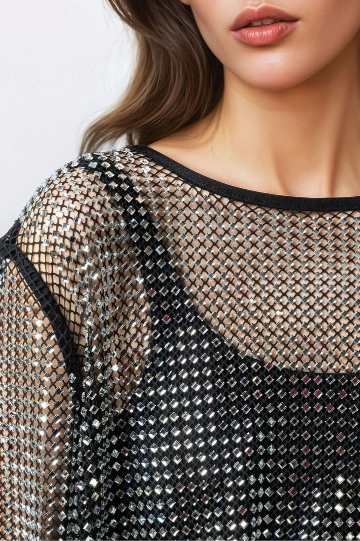 Color black Rhinestone Mesh Round Neck Raw Hem T Shirt