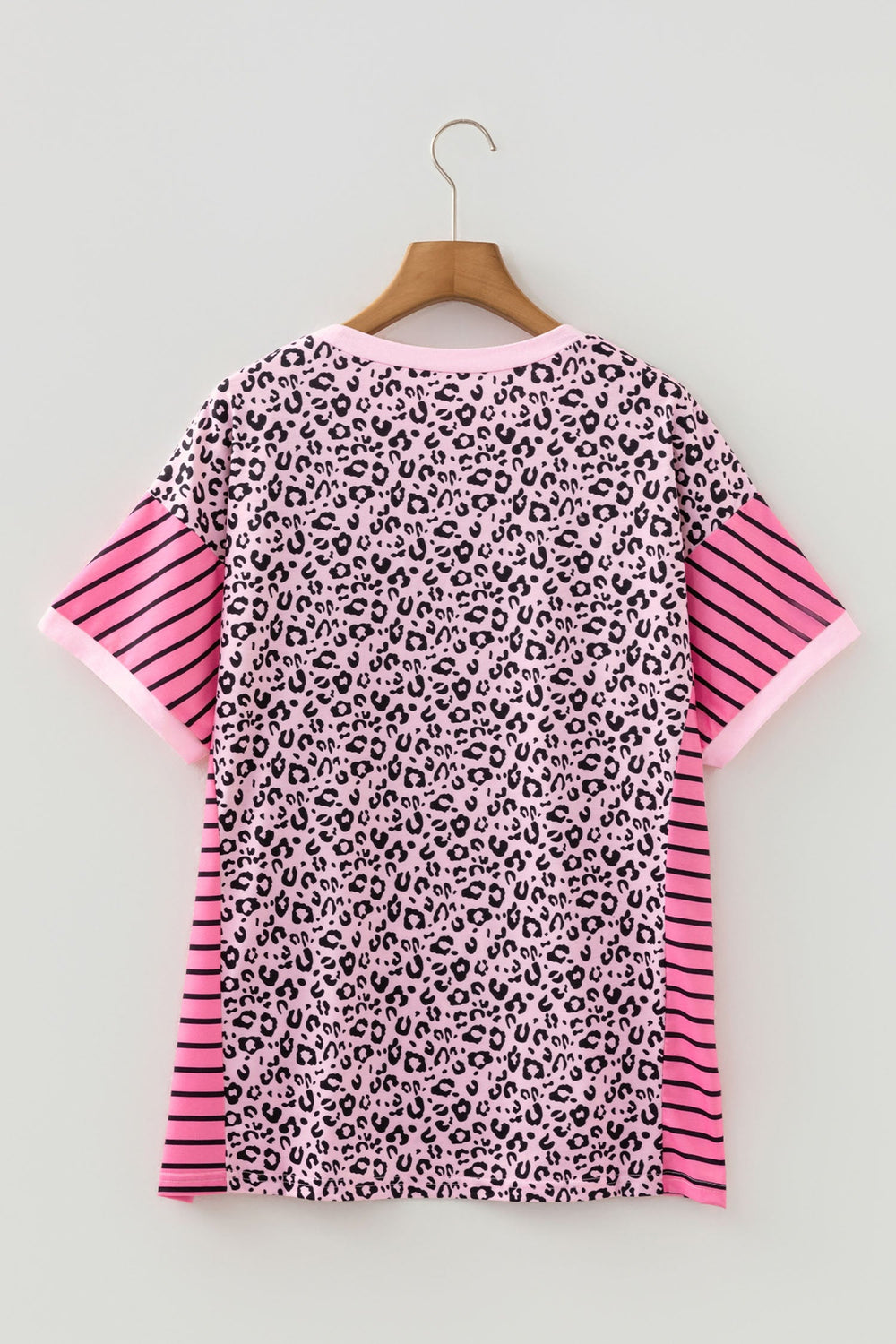 Pink Leopard Striped Contrast Patchwork Plus Size Tee