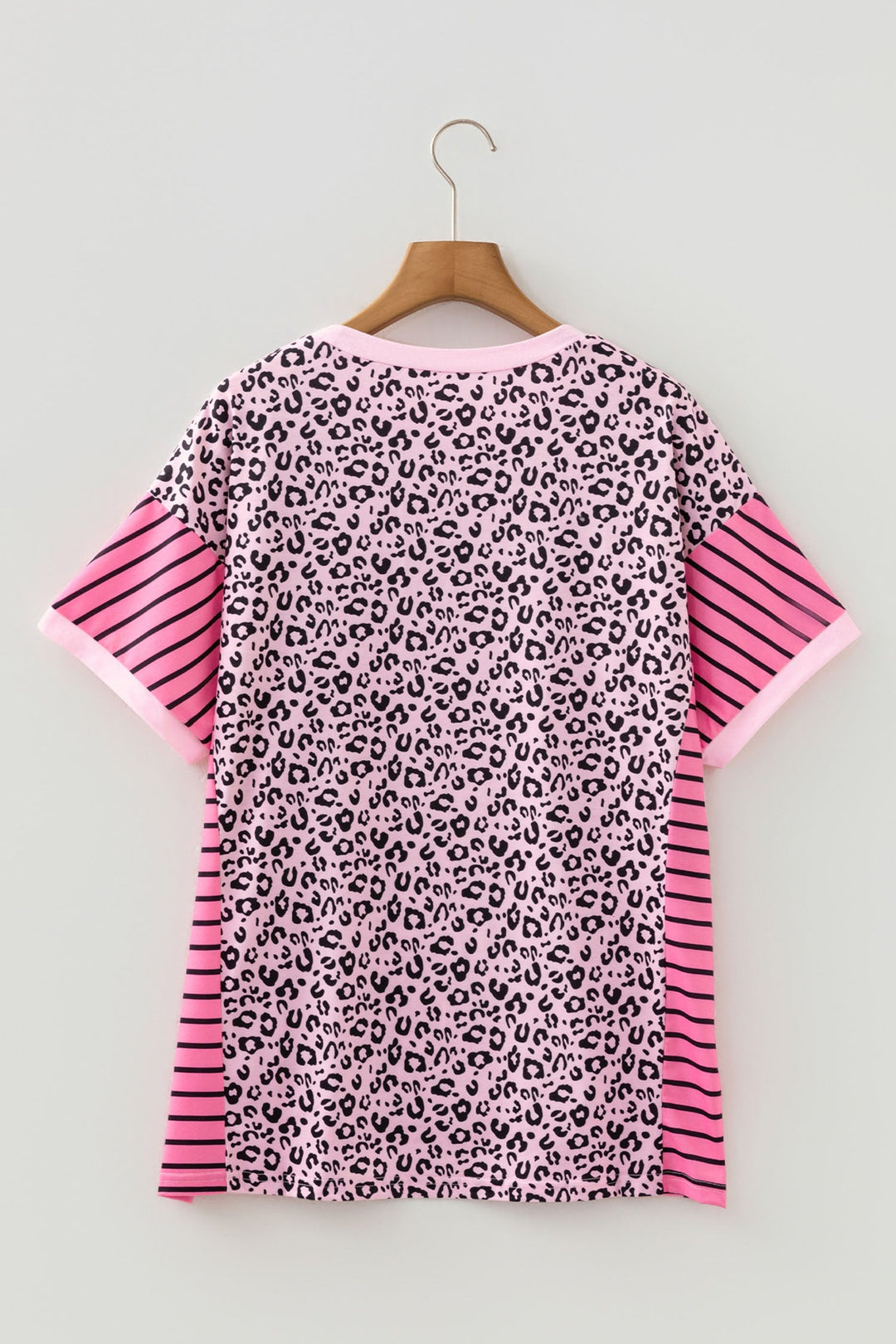 Pink Leopard Striped Contrast Patchwork Plus Size Tee