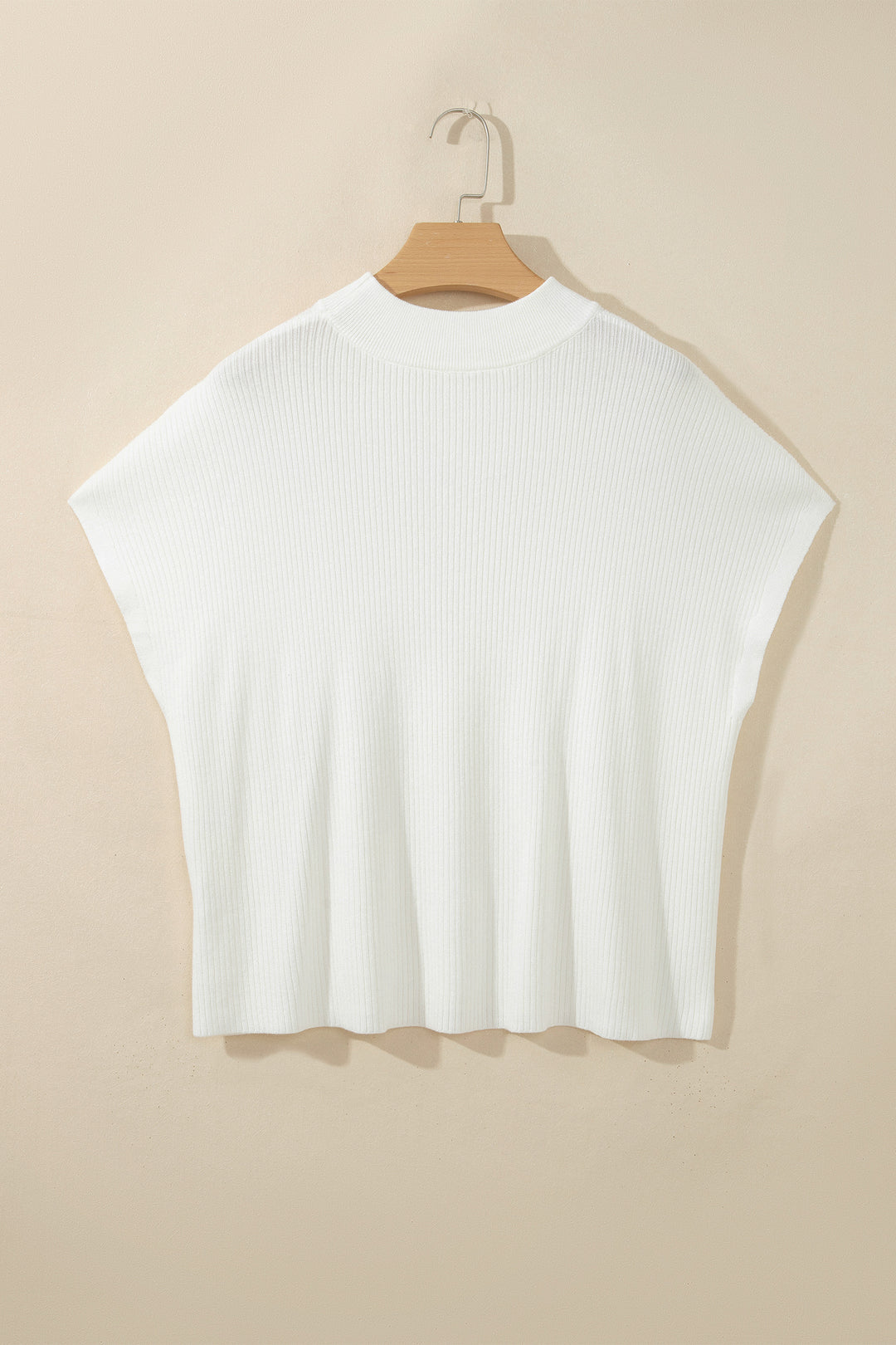 White Solid Color Ribbed Knit Mock Neck Loose Short Sleeve Sweater