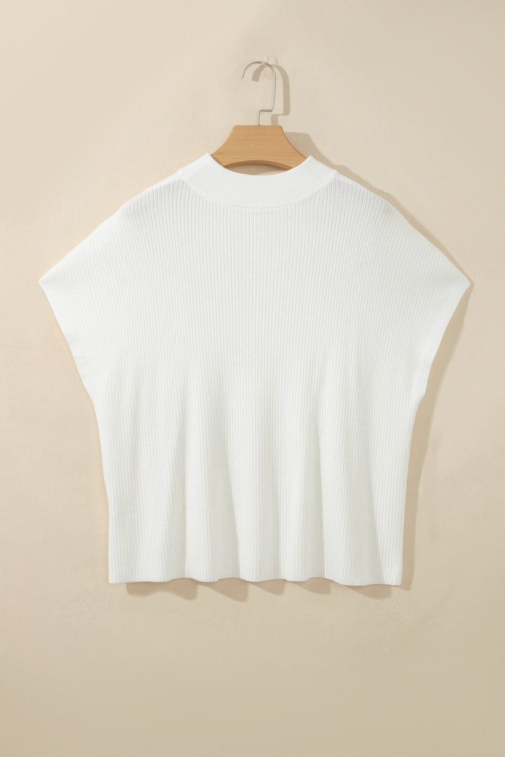 White Solid Color Ribbed Knit Mock Neck Loose Short Sleeve Sweater
