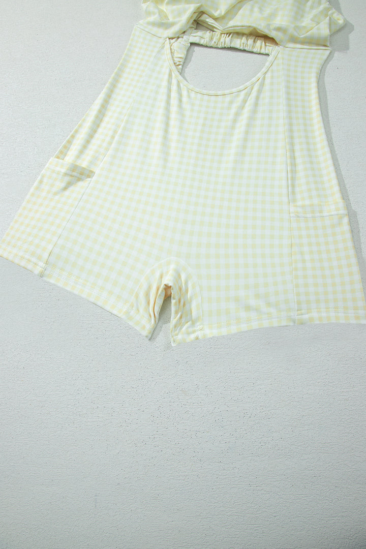 Cute Yellow Cream Faux Two Piece Gingham Contrast Loose Mini Dress