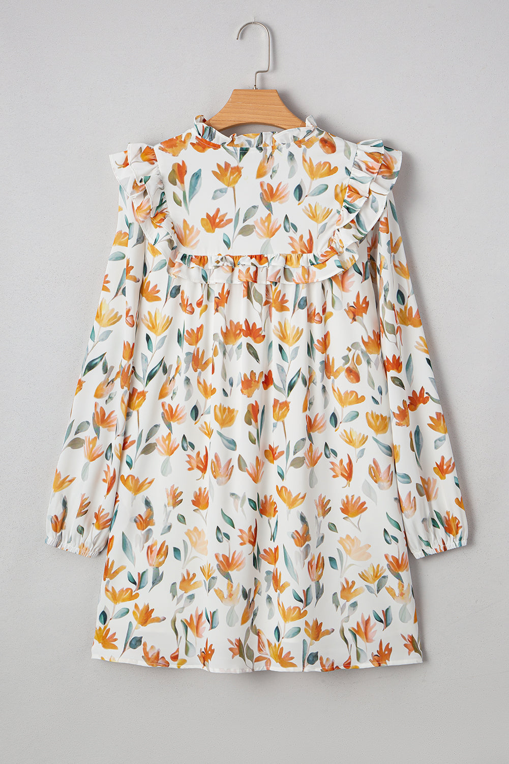 Floral Print Tie Neck Frilled Detail Long Sleeve Mini Dress